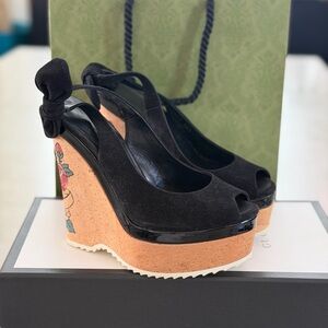 Gucci Black Suede Peep-Toe Cork Wedge Sandals